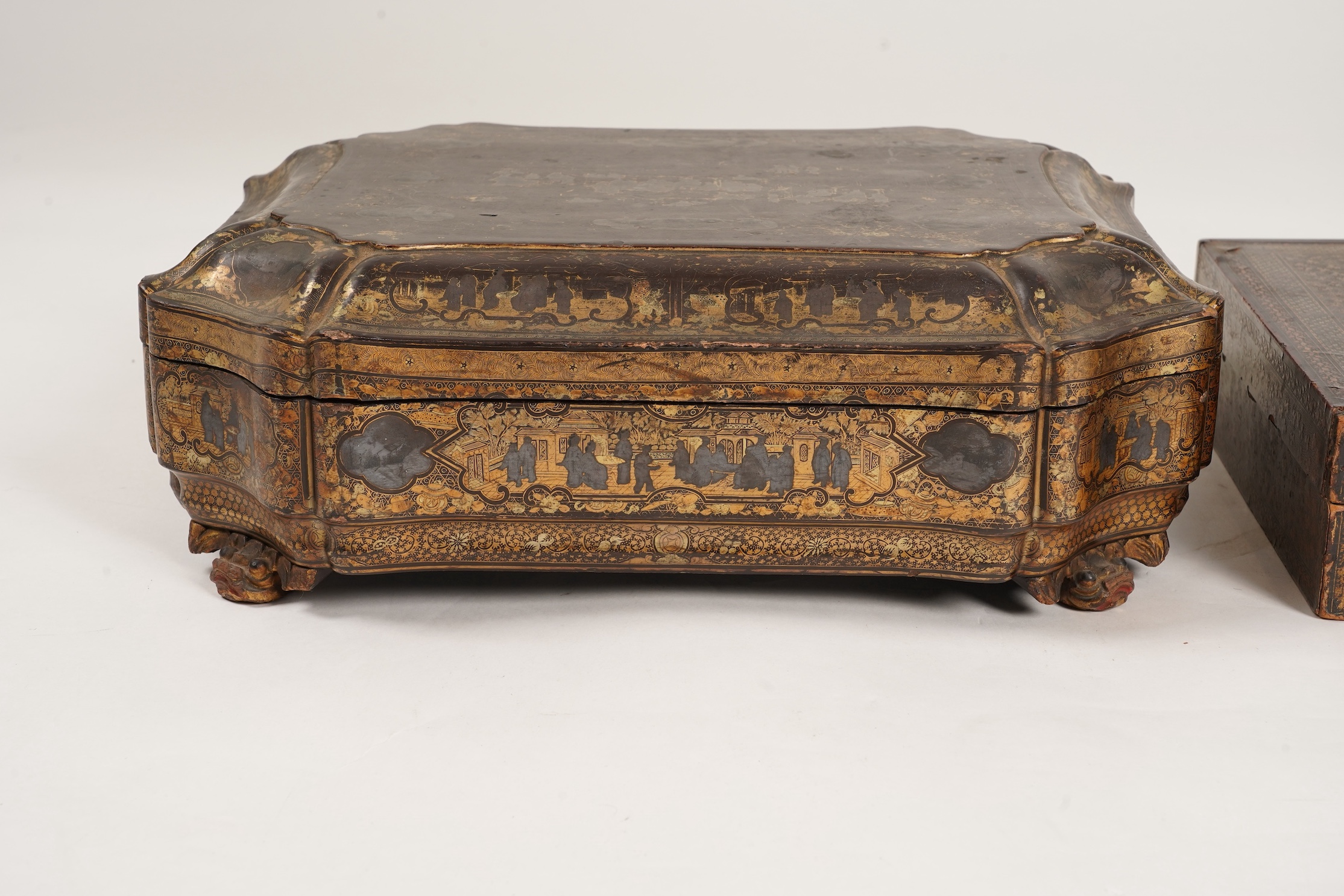 Two Chinese gilt decorated black lacquer games boxes, containing numerous mother-of-pearl counters, 19th century